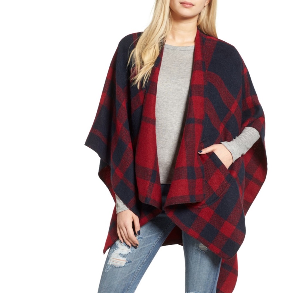BP Buffalo Plaid Checkered Cocoon Poncho Cape One Size
